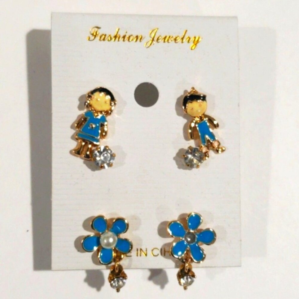 Gold Tone Blue Boy, Girl, and Flower Crystal Stud Earrings Set - Women's Jewelry